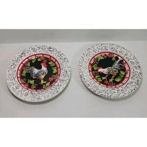 Bella Casa by Ganz Rooster Plates Set Of 2 Strawberries 5" Hen Chicken Farmhouse